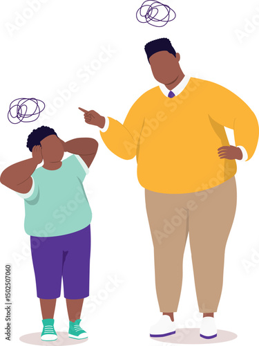 Angry Plus Size Black Father Scolding His Little Son. Rebellious Little Boy Do Not Want To Listen To His Father.