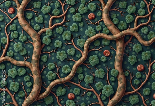 A detailed textured relief pattern depicts stylized tree branches entwined with large green leaves and small coiled forms against a deep background. This organic artistic design suits decorative, natu
