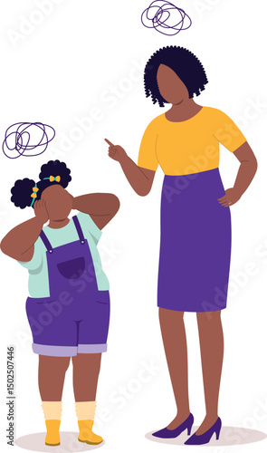 Angry Black Mother Scolding Her Little Daughter. Rebellious Chubby Little Girl Do Not Want To Listen To Her Mother.