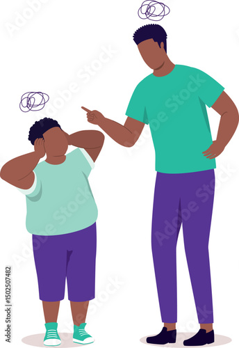 Angry Black Father Scolding His Little Son. Rebellious Chubby Little Boy Do Not Want To Listen To His Father.