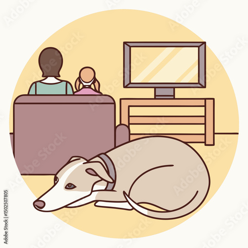 Whippet curled beside mother and child watching TV, cozy family moment with pet dog indoors.