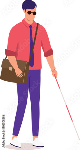 One Young Visually Impaired Office Man With Businesswear, Bag And Sun Glasses Walking With White Cane.