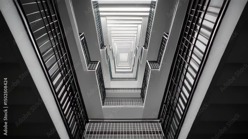 Abstract Perspective of Stairwell Architecture in Monochrome Tones and Contrasting Light Abstract Perspective of Stairwell Architecture in Monochrome Tones and Contrasting Light