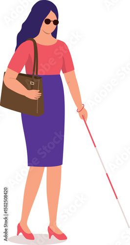 One Young Visually Impaired Office Woman With Businesswear, Bag And Sun Glasses Walking With White Cane.