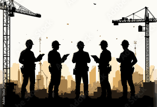 Silhouetted Construction Workers with Urban Skyline and Cranes in Background at Sunset