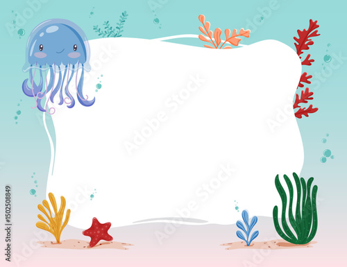 Photography Illustration of a vector frame with a cute jellyfish, corals, starfish and seaweed