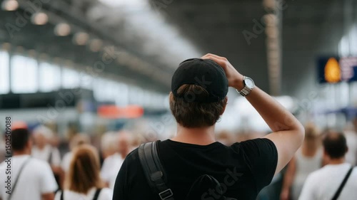 Contemplation Amidst Busy Airport Terminal Travelers Journey Through Crowded Movement and Anticipation of People