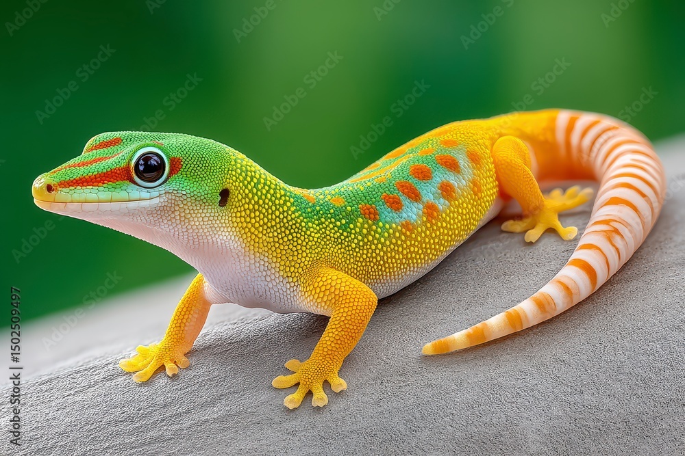 Fototapeta premium Green and Yellow Gecko on Wet Tree Bark After Summer Rain