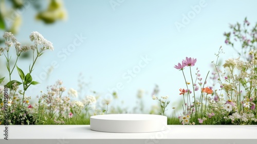 Fototapeta Naklejka Na Ścianę i Meble -  Spring Flower Meadow with Product Display Podium podium spring meadow product product display stage