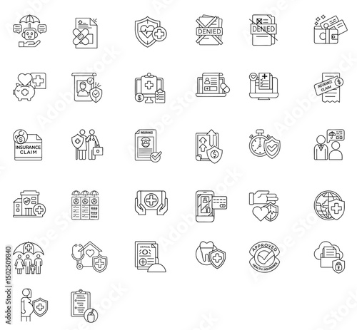 Health insurance icon set collection in line style for claim approval and medical document