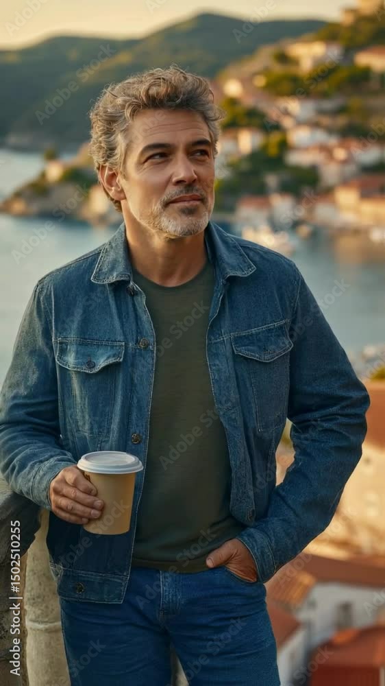 Mature Man Enjoying Coffee with a Stunning Coastal View Mature Man Enjoying Coffee with a Stunning Coastal View