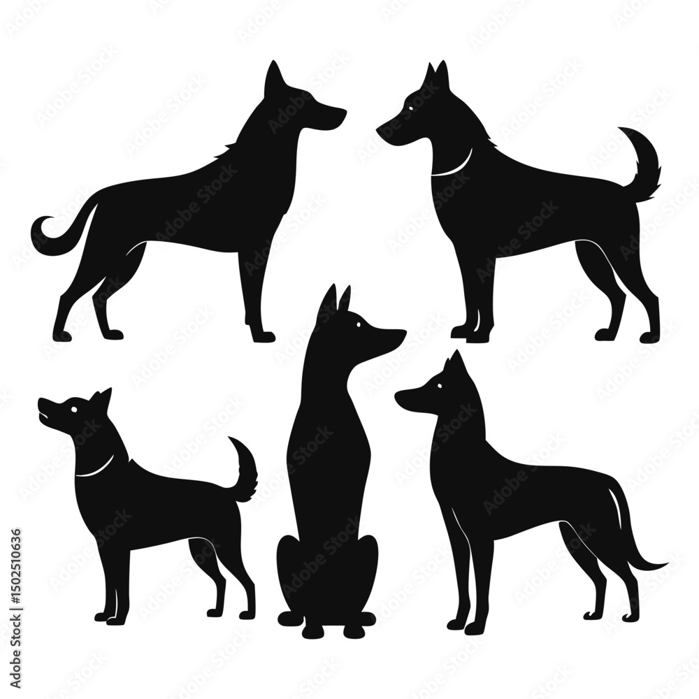 Silhouette collection of stylized dogs in various poses depicting canine companionship and loyalty Silhouette collection of stylized dogs in various poses depicting canine companionship and loyalty