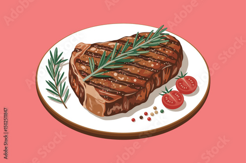 Grilled Beef Steak Illustration Design Vector, beef meats , Pepper and spices, garlic, onion and tomatoes vector illustration set. Steak and herb ingredient, food for barbecue, tomato and meat