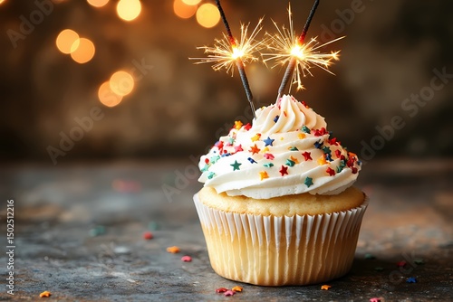 Festive cupcake with sparklers a delightful birthday treat warm lighting blurred background star sprinkles