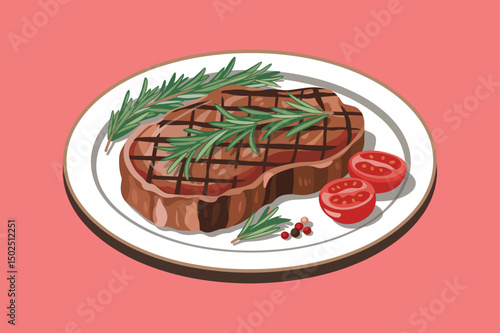 Grilled Beef Steak Illustration Design Vector, beef meats , Pepper and spices, garlic, onion and tomatoes vector illustration set. Steak and herb ingredient, food for barbecue, tomato and meat