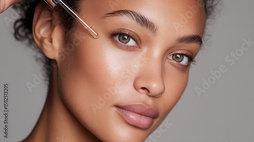 A closeup of a woman applying facial serum with soft light highlighting flawless skin, captured for beauty product ads, skincare tutorials, and wellness branding in natural studio setting.