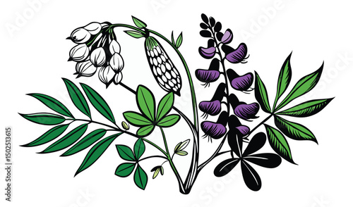 Vibrant lupine and sweet pea floral design