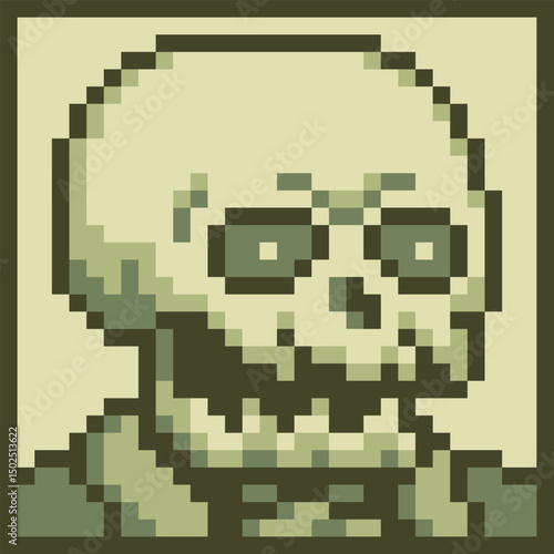 Pixel art skeleton character 8-bit, dead man, 80-s, avatar, scull face, cartoon vector icon, game user, web profile persons, people, social net portrait,  minimalistic style. Non-fungible token.