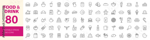 Food and drink icon set. Containing meal, restaurant, fast food, beverage, vegetables, fruits, desserts, meat, fish, coffee, cocktail and more. Editable line icons. Vector illustration.