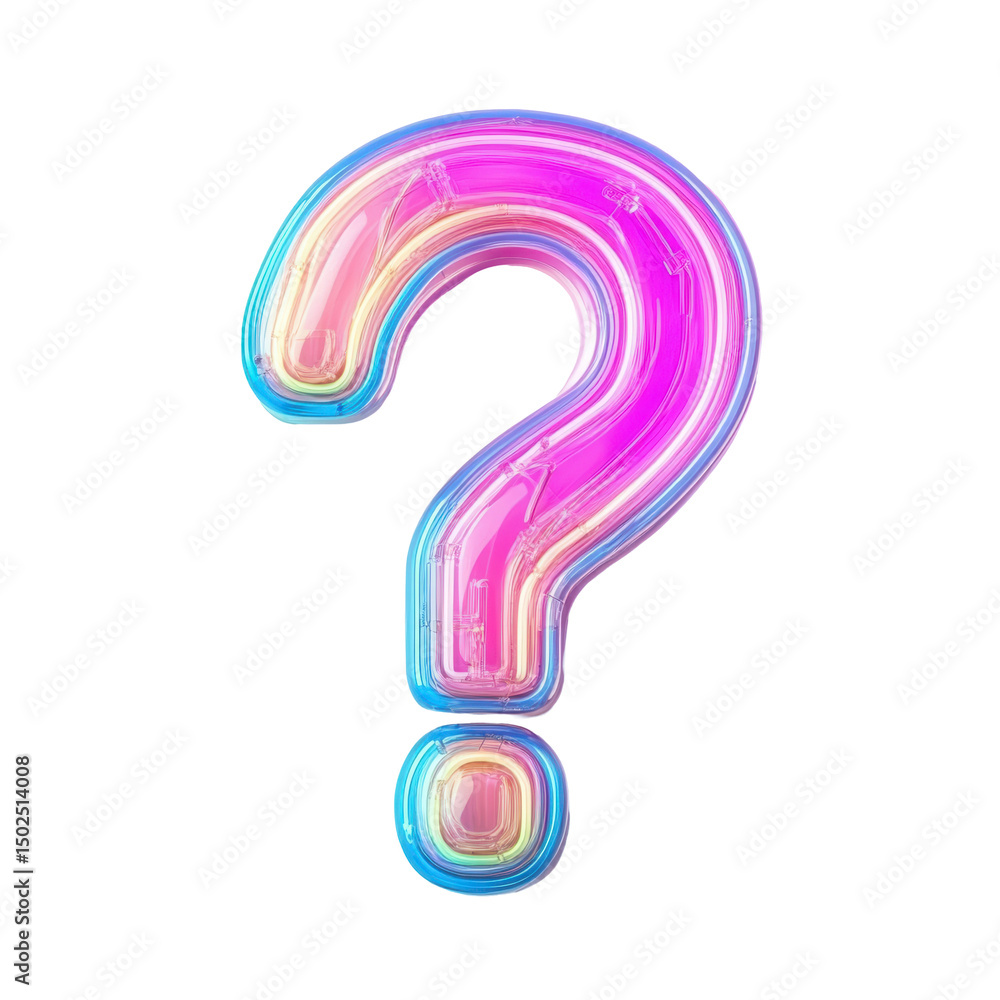 Naklejka premium Holographic Question Mark: A vibrant, iridescent question mark symbol, rendered in a holographic style with a three-dimensional effect and translucent, multi-colored layers.