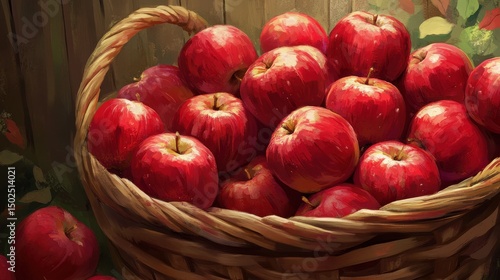 Vibrant Red Apples Tumble from a Rustic Basket, Capturing the Essence of Autumn Harvest