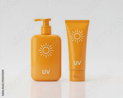 Orange Sunscreen Bottles with Sun Icon and UV Label on White Background