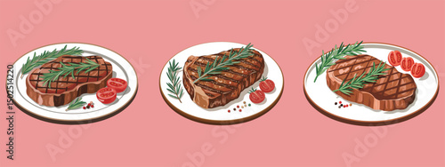 Grilled Beef Steak Set Illustration Design Vector, beef meats , Pepper and spices, garlic, onion and tomatoes vector illustration set. Steak and herb ingredient, food for barbecue, tomato and meat