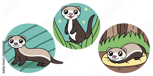 Cute cartoon ferrets in circular frames with transparent background for versatile design projects
