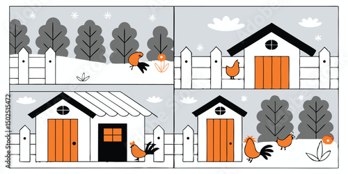 Cute farmyard illustration with chickens houses trees and snow on a white background
