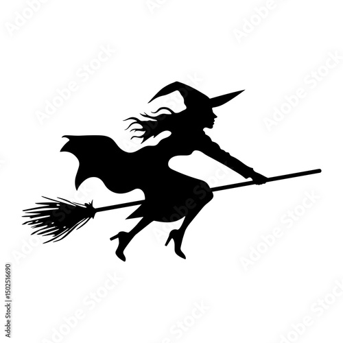 Silhouette of witch flying on broomstick isolated on transparent background, perfect for Halloween designs, party invites, decorations, and spooky themed content. Vector art