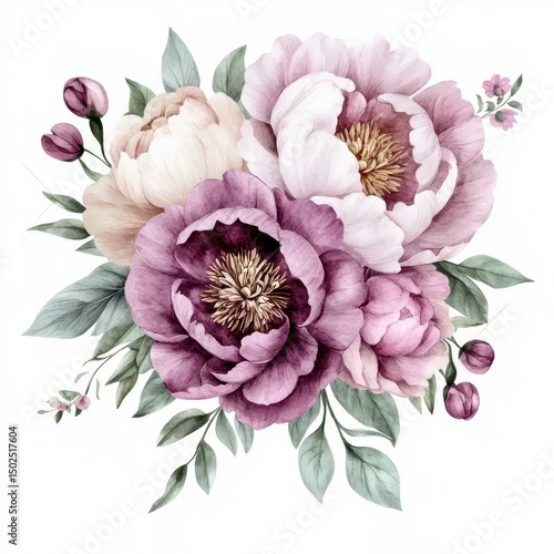 Watercolor Bouquet of Peony and Blossom Flowers on White Background for Weddings, Invitations, Valentine's Cards, and Vintage Decor
