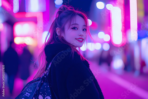 312. Stylish young woman walking in Tokyo street at night, neon lights, cinematic fashion look, bokeh background