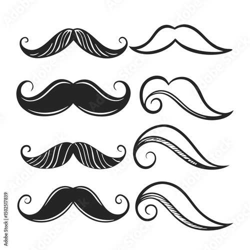 Minimalistic flat design mustache set in various thicknesses and lengths for versatile use.