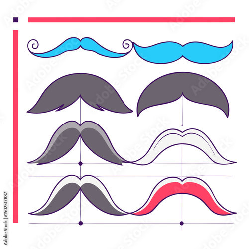 Minimalistic flat design mustache set in various thicknesses and lengths for versatile use.