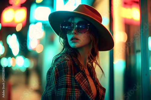314. Stylish young woman walking in Tokyo street at night, neon lights, cinematic fashion look, bokeh background