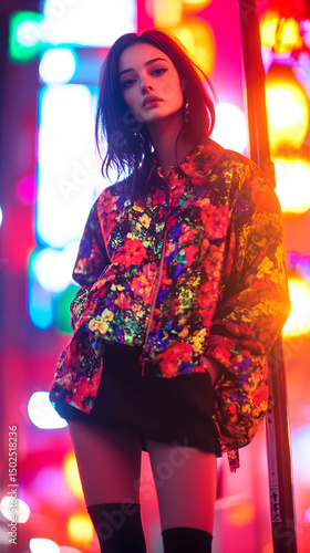 317. Stylish young woman walking in Tokyo street at night, neon lights, cinematic fashion look, bokeh background