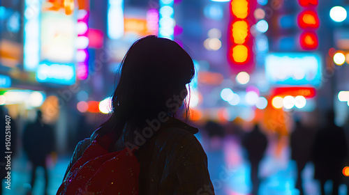 319. Stylish young woman walking in Tokyo street at night, neon lights, cinematic fashion look, bokeh background