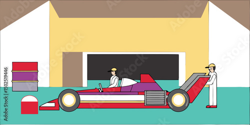 Formula racing car in the garage with people and racing equipment illustration