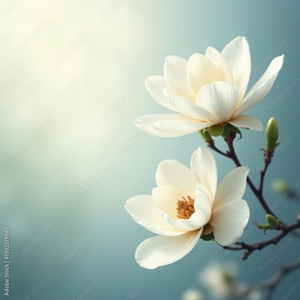 Ethereal abstract magnolia blooms in misty white and cream colored floral landscape, floral, landscape, creamy Ethereal abstract magnolia blooms in misty white and cream colored floral landscape, floral, landscape, creamy
