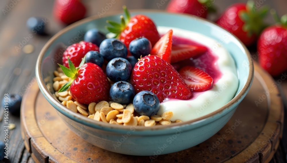 Fresh berries and yogurt in a bowl with muesli, healthy, , morning Fresh berries and yogurt in a bowl with muesli, healthy, , morning