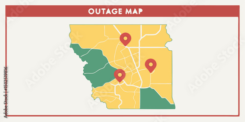 Illustrated outage map indicating power outages with pinpoint locations on a city map