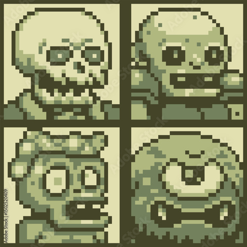 Pixel art one-eyed monster scull characters 8-bit, dead man, 80-s, avatar, angry face, cartoon vector icon, game user, web profile persons, people, social net portrait, minimalistic style. 
