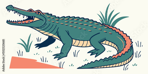 Illustration of a cartoon crocodile with open mouth and graphic plants on white background