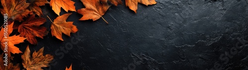 Orange autumn leaves on a dark textured background with empty space for text