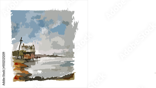 Coastal Cottage – Watercolor and Ink Landscape Seaside Print. Good for book illustration, poster, postcard or greeting card