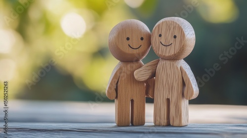 Wooden Human Figures Unite: Symbolizing Teamwork, Family Bonds, and Collaborative Success
