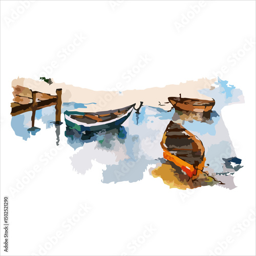 Watercolor illustration of several boats. Good for book illustration, poster, banner or postcard