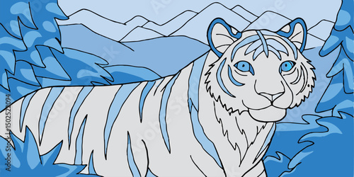 Majestic white tiger with blue accents in a wintery landscape illustrative style