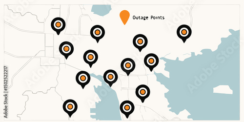 Map illustrating outage points displayed with marker icons representing location details