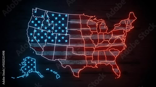 Neon outline of the United States map featuring the American flag against a dark wooden background